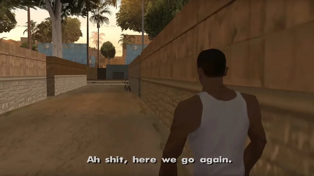 A screenshot from the video game GTA: San Andreas shows the protagonist, Carl 'CJ' Johnson, walking down a narrow alleyway…