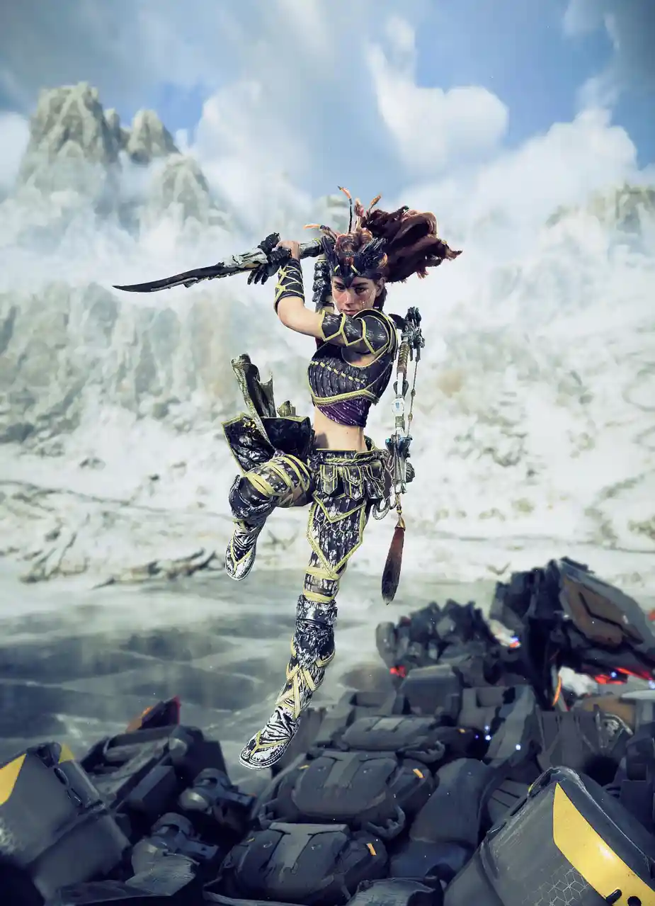 A female warrior in ornate black and gold armor leaps mid-air over a pile of broken, futuristic mechanical parts, holding a…