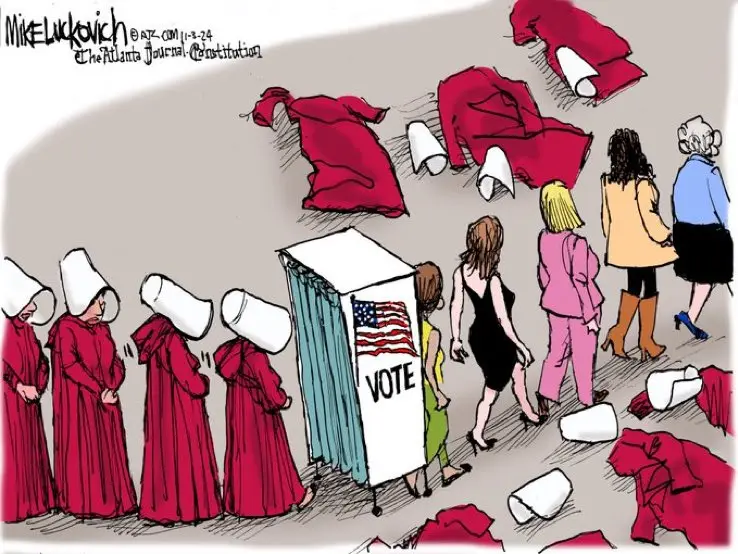 A political cartoon shows women in red robes and white bonnets, resembling characters from 'The Handmaid's Tale,' standing…