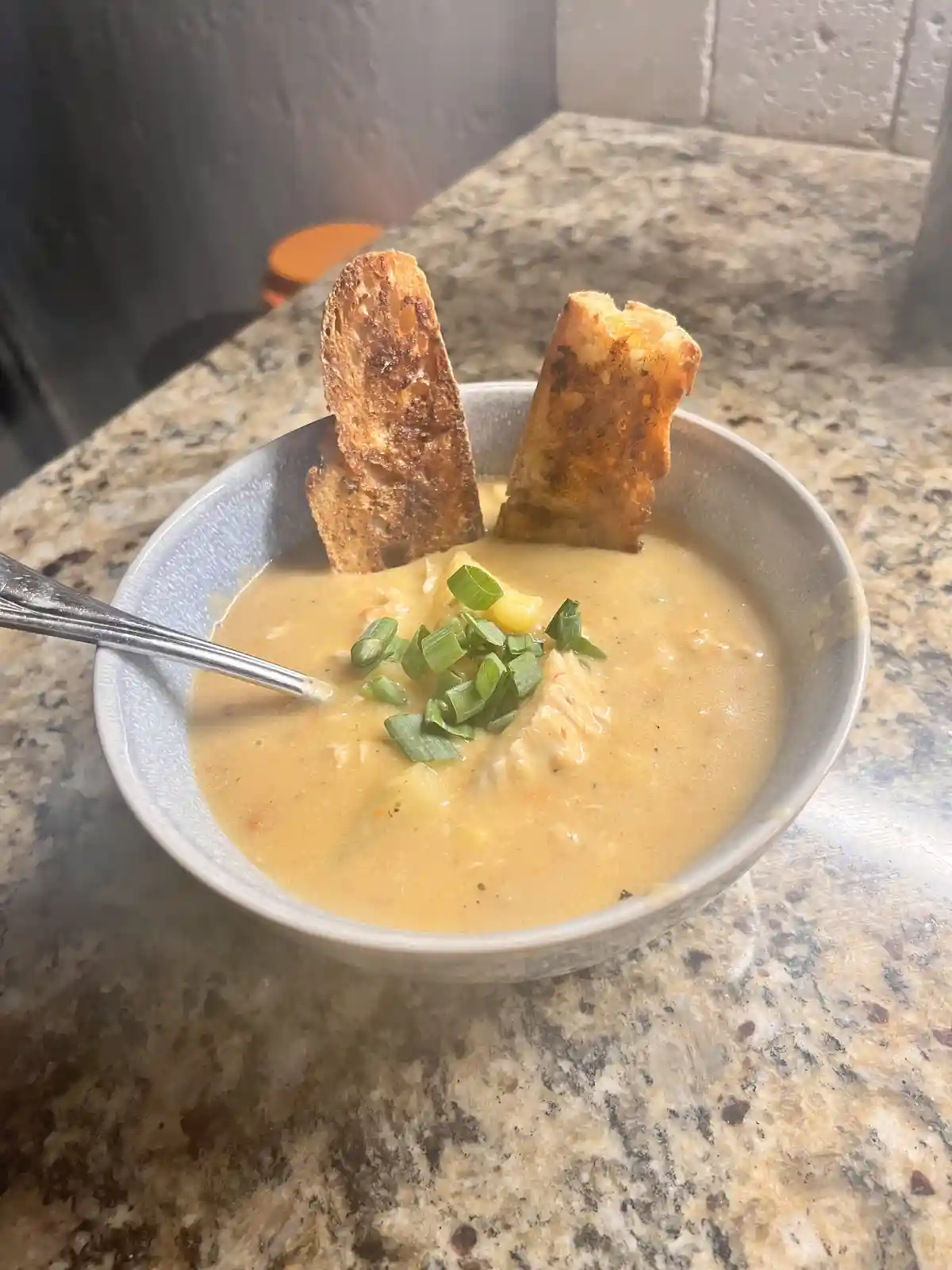 A close-up photo shows a bowl of creamy, light-orange soup on a speckled granite countertop, garnished with chopped green…