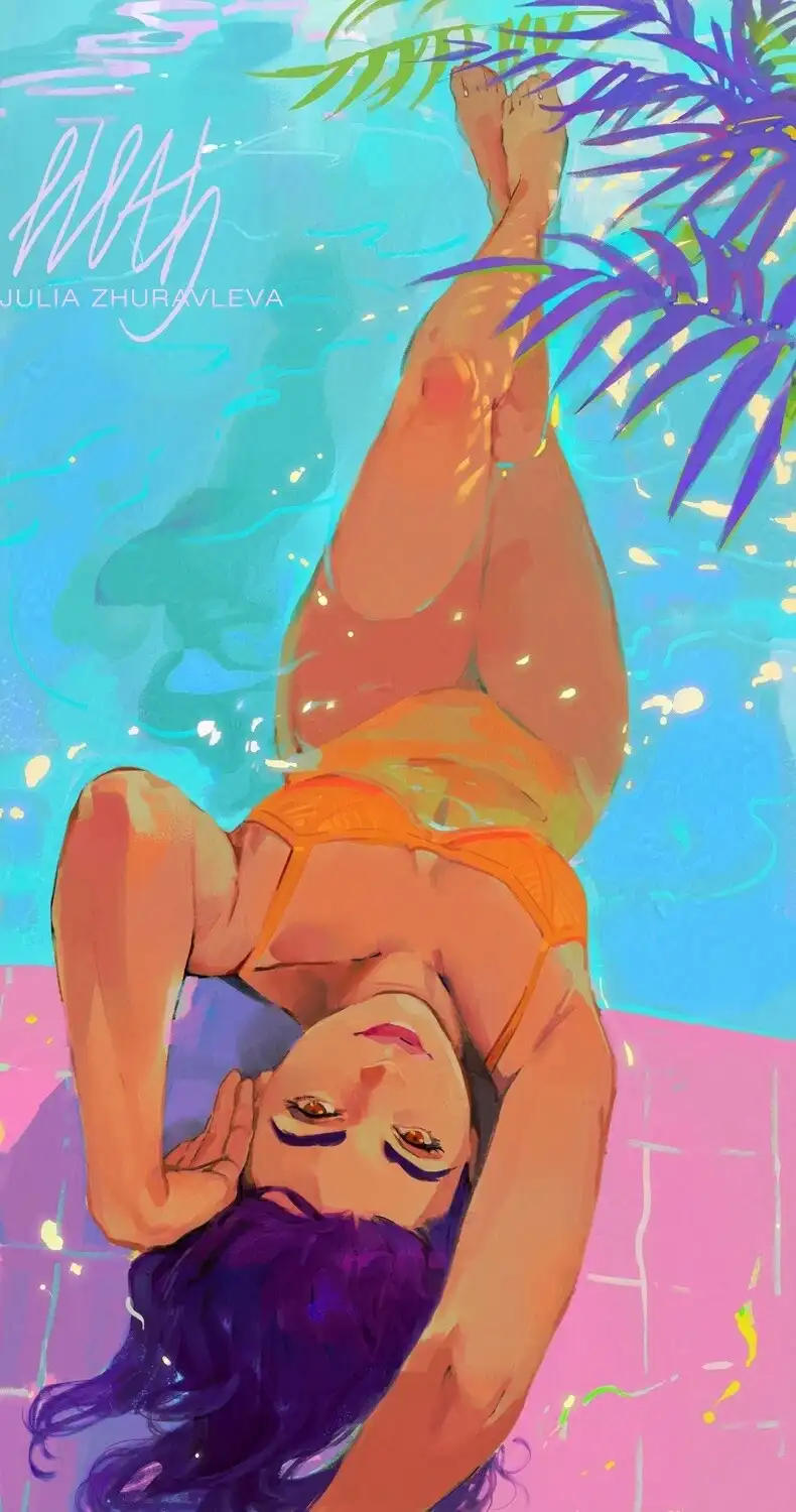An illustration of a woman with purple hair lying upside down in a pool, wearing an orange bikini, with one hand near her…