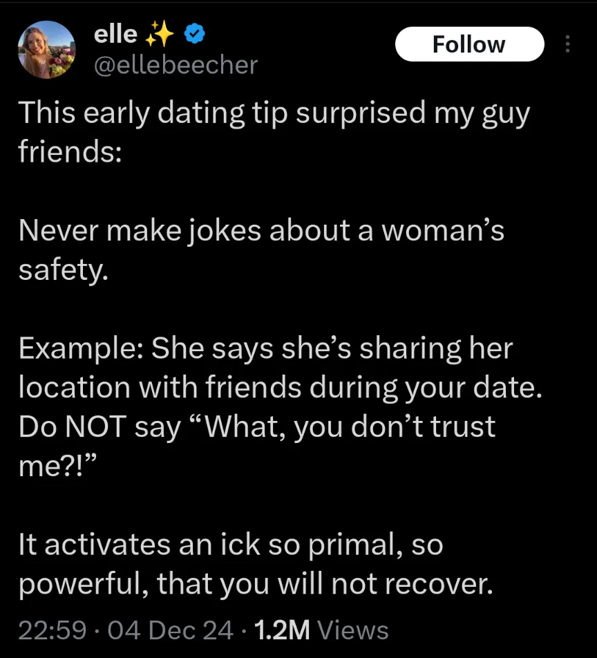 A screenshot of a social media post by user @ellebeecher, featuring white text on a black background. The post advises men…