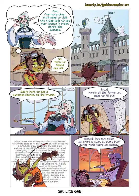 A comic strip shows a green-skinned, horned character trying to get a business license to sell wheels. An elf-like official…