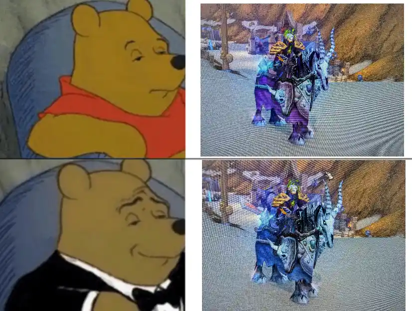 The meme shows two panels: Winnie the Pooh looking bored in a red shirt, then happy in a tuxedo. The right panels show a…