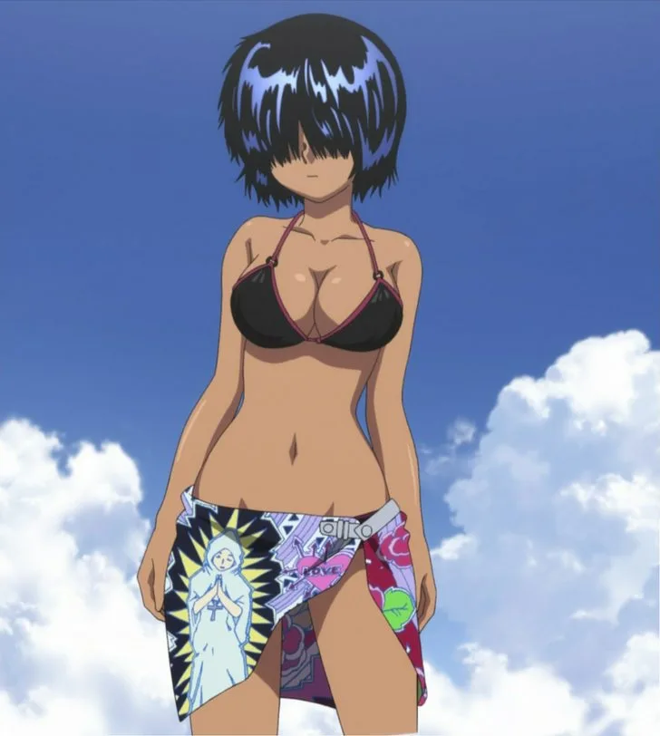 An anime girl with short black hair and blue highlights stands against a blue sky with white clouds, wearing a black bikini…