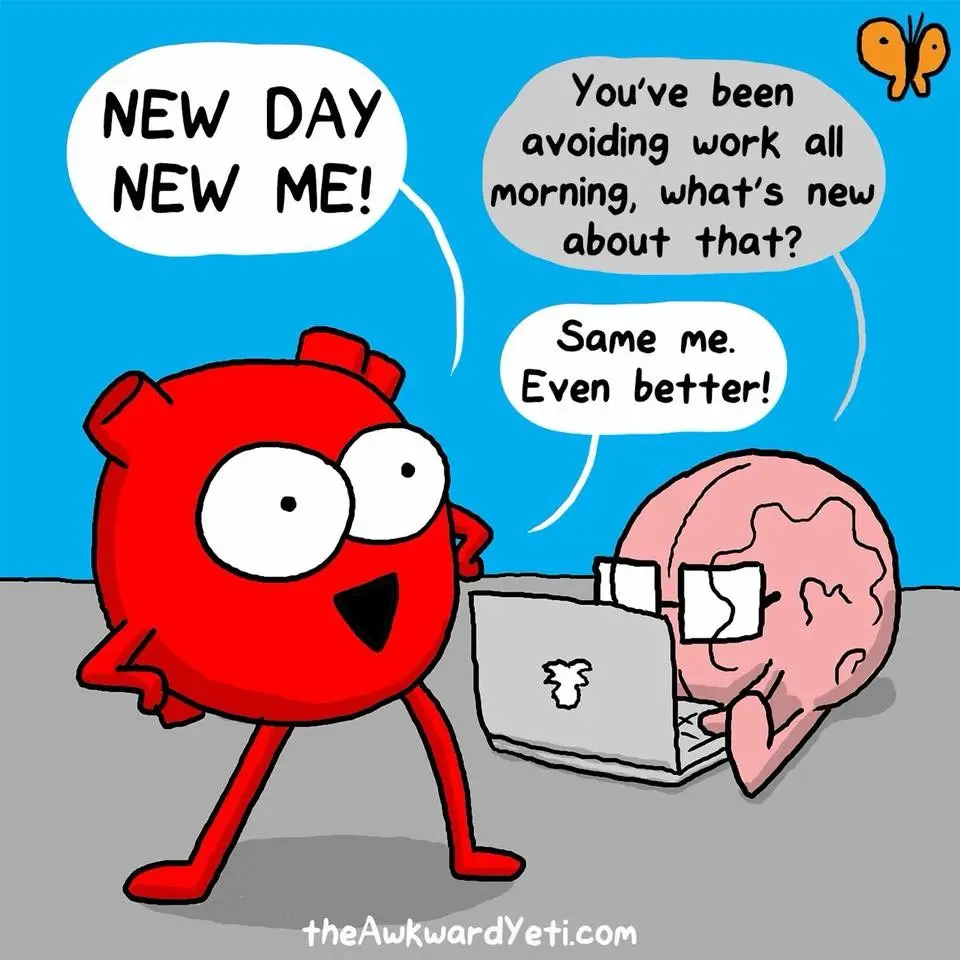 A red cartoon character with a determined expression declares 'NEW DAY NEW ME!' while facing a pink cartoon brain wearing…