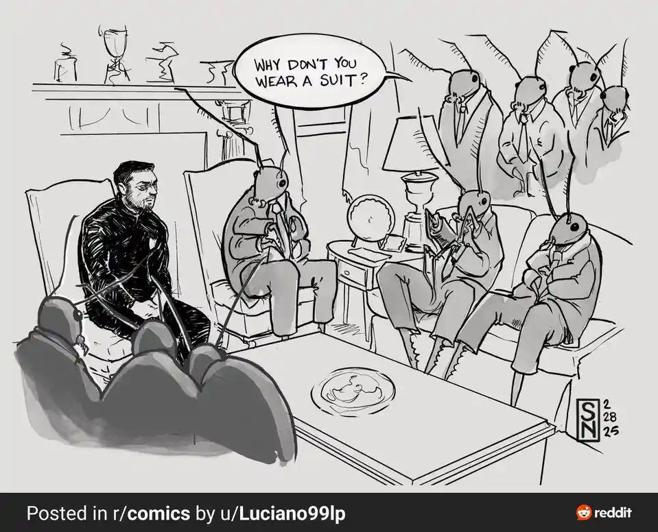 A black-and-white cartoon depicts a man in a dark suit sitting on a couch facing a group of anthropomorphic cockroaches in…