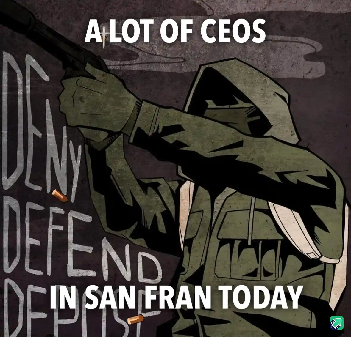 A stylized illustration shows a hooded figure in a green military-style jacket holding a rifle, with the words 'DENY'…