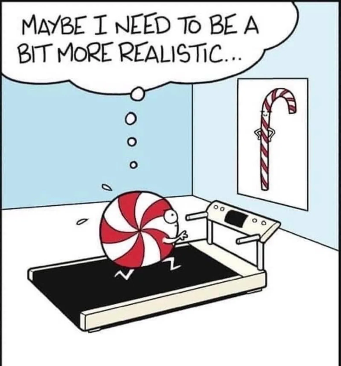 A cartoon peppermint candy ball is running on a treadmill, looking at a framed picture of a candy cane on the wall, with a…