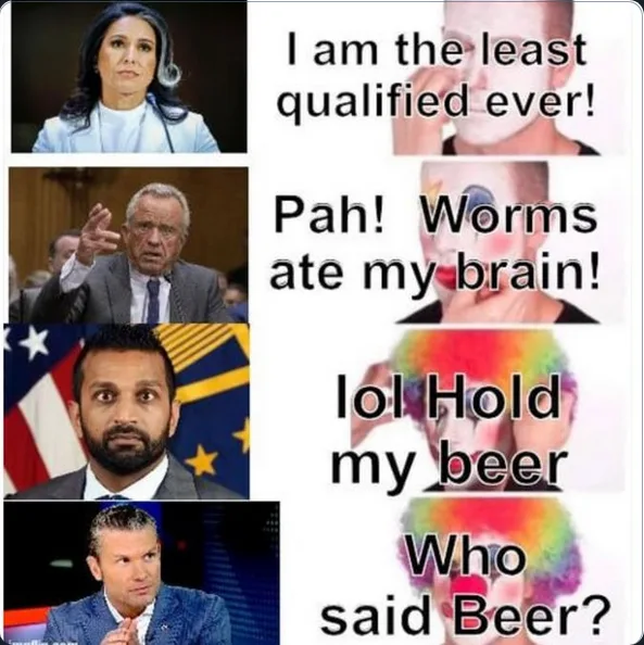 A four-panel meme collage shows four different people with serious or skeptical expressions, each paired with a…