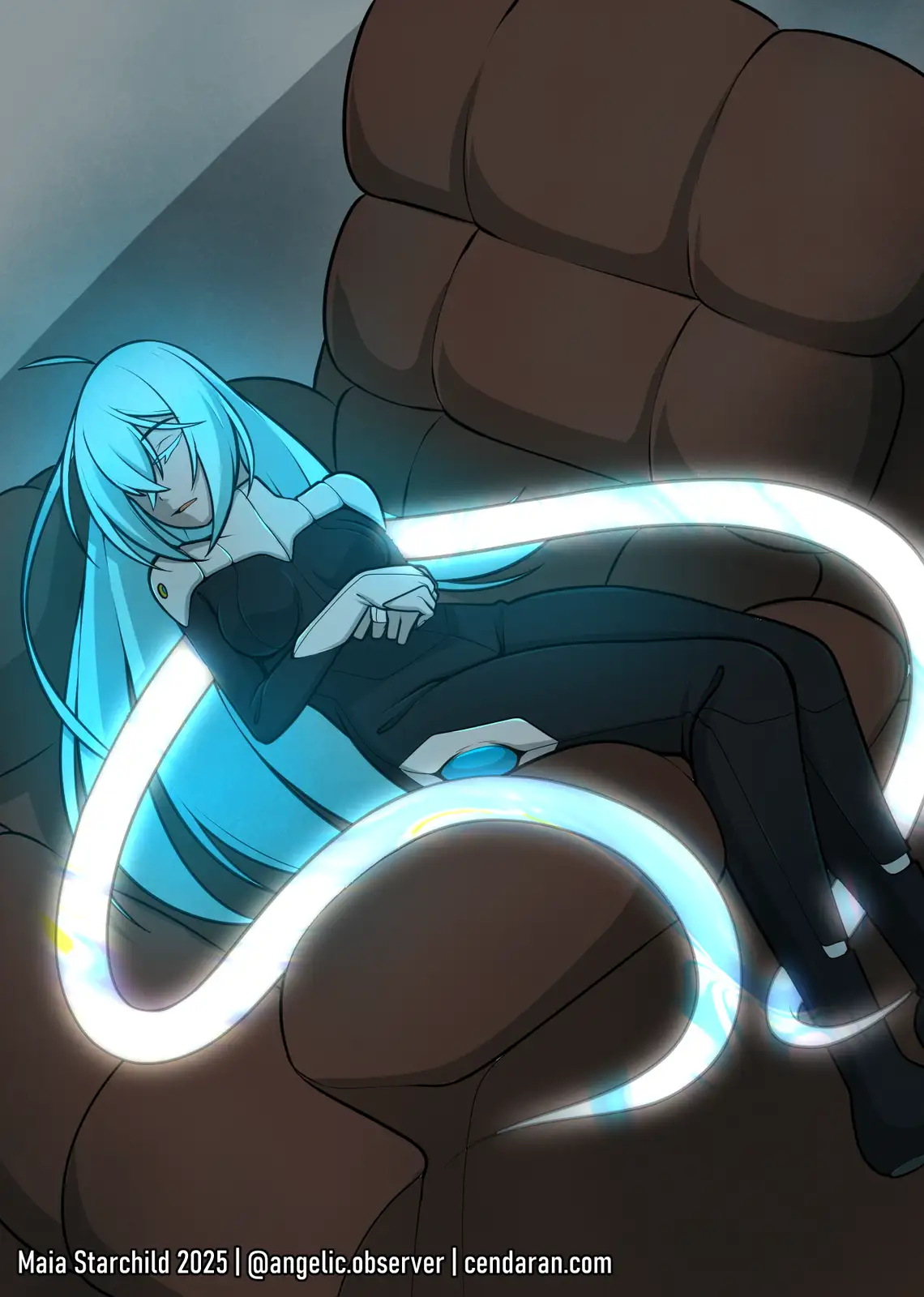 An anime-style illustration shows a character with long cyan hair and a black outfit reclining on a brown couch, surrounded…