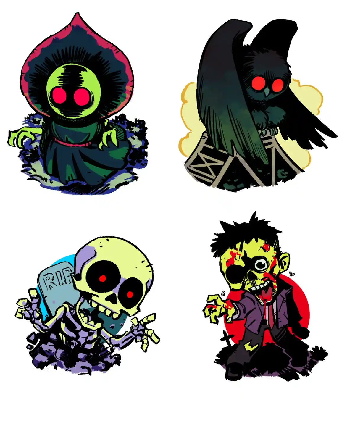 Four cartoonish horror characters are arranged in a 2x2 grid: a green hooded grim reaper, a black owl perched on a fence, a…