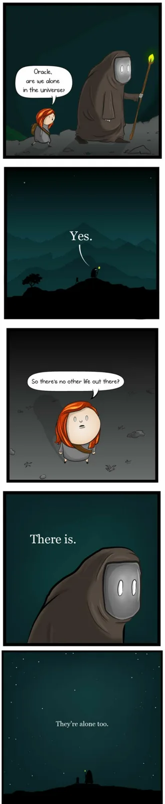 A four-panel comic strip shows a small character with red hair asking an oracle in a dark, starry setting if they are alone…