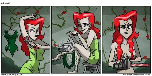 A three-panel comic strip shows a red-haired woman in a green dress using a chainsaw to cut off the tail of a fish hanging…