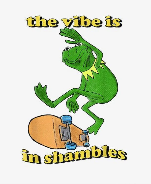 A cartoon green frog, resembling Kermit the Frog, is depicted mid-air with one arm raised and one leg bent, appearing to be…