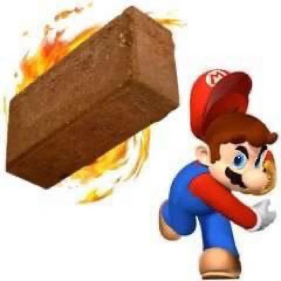A video game character, Mario, is shown in a running pose, looking determined, while carrying a large, flaming brown brick…