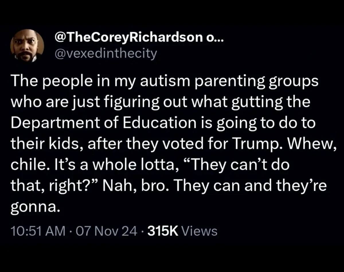 A screenshot of a tweet from @TheCoreyRichardson, showing a dark background with white text. The tweet discusses autism…