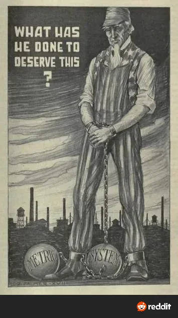 A black-and-white vintage propaganda-style illustration shows a weary, elderly man in overalls and a cap, shackled with…