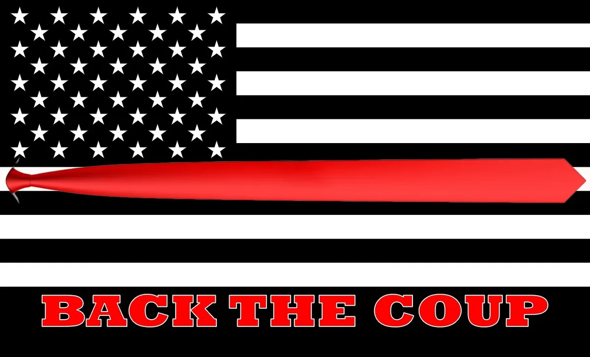 An American flag with black and white stripes and white stars on a black field, overlaid with a red baseball bat…