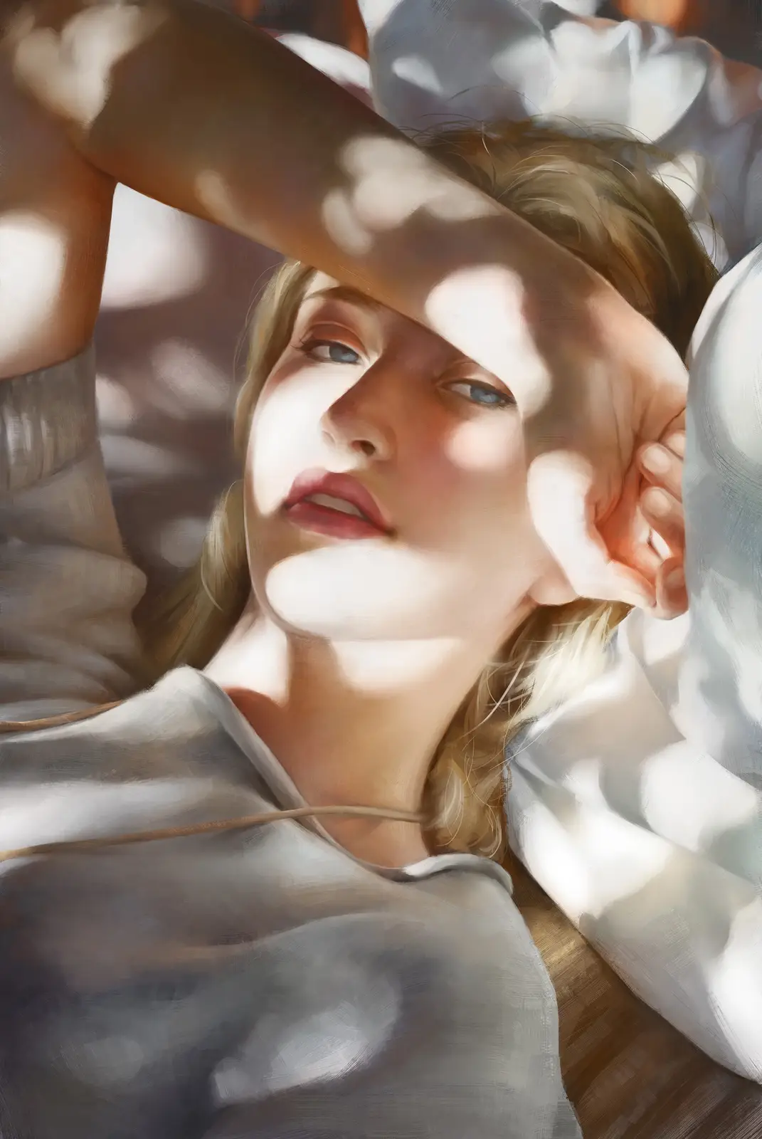 A digital painting of a woman with blonde hair and blue eyes lying down, her arm raised to block sunlight from her face…