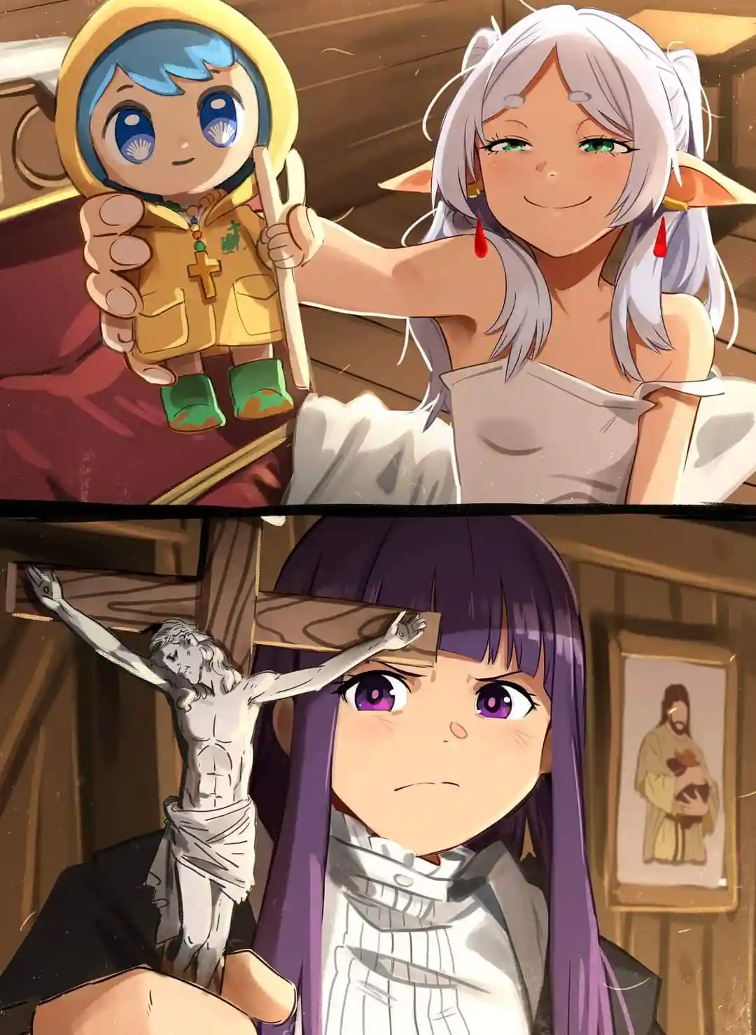 The top panel shows a smiling elf-like woman holding up a small, cute doll dressed in a yellow outfit with a cross necklace…
