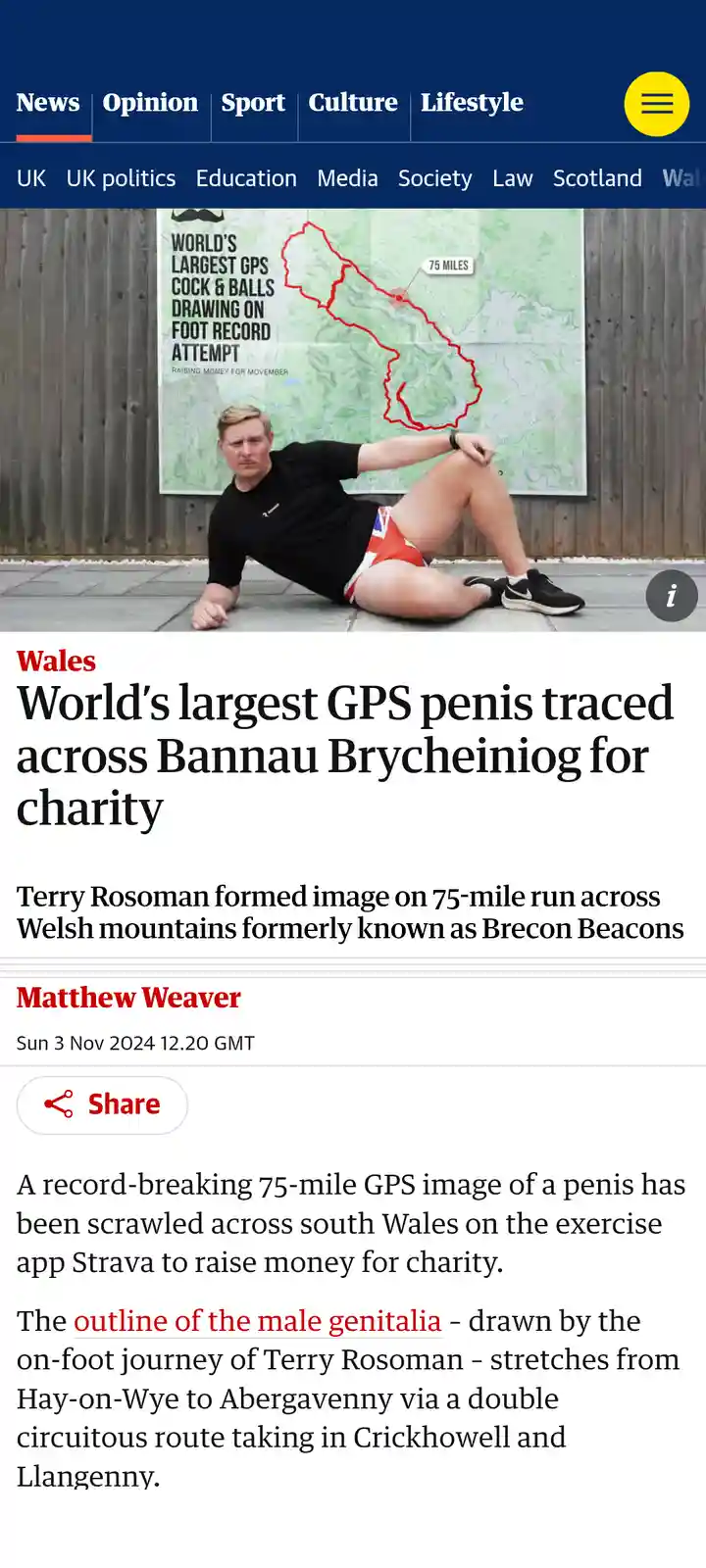 A man in running shorts sits on pavement in front of a map showing a 75-mile red GPS route shaped like a penis and balls…
