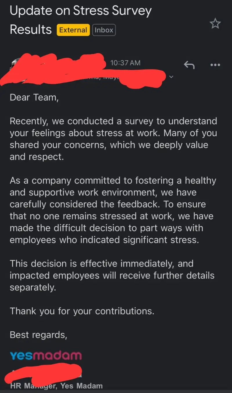 A screenshot of an email titled 'Update on Stress Survey Results' from 'yesmadam', HR Manager at 'Yes Madam', announcing…
