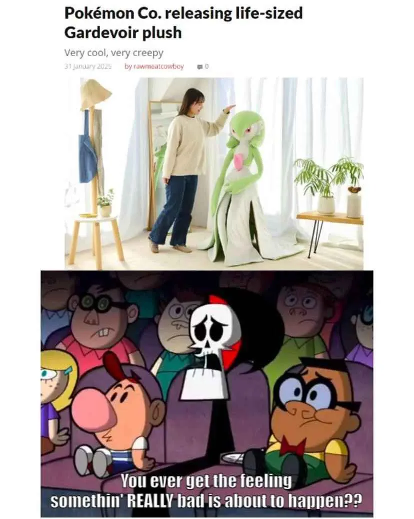 The top panel shows a woman standing next to a life-sized Gardevoir plush toy, with the headline 'Pokémon Co. releasing…