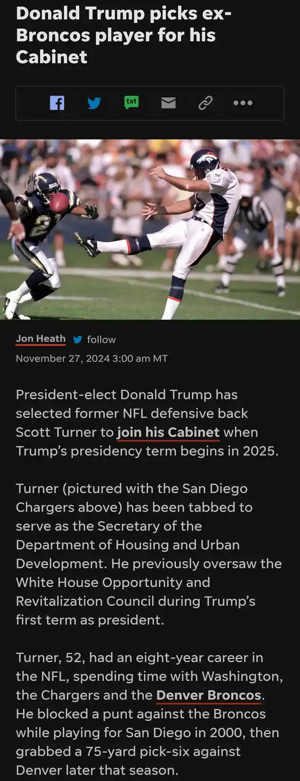 A screenshot of a fake news article claims Donald Trump has picked former NFL player Scott Turner, shown in a Denver Broncos…