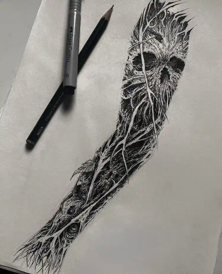 A black-and-white pencil drawing on textured paper shows a long, feather-like shape intricately detailed with tree roots and…