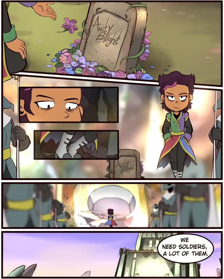 A comic strip from 'The Owl House' shows a character standing before a tombstone inscribed 'Amity Blight' surrounded by…