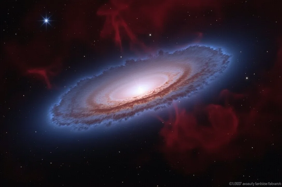 A vibrant space image shows a spiral galaxy with a bright core and blueish arms, surrounded by red nebulae and stars…
