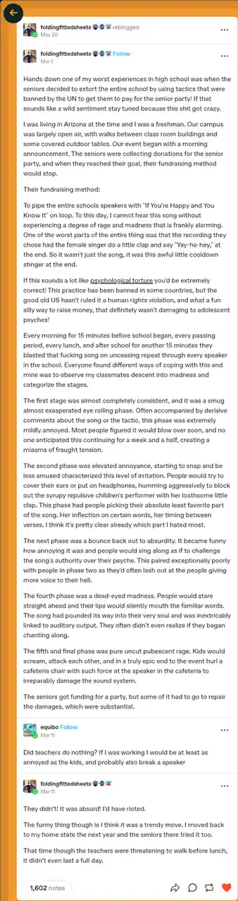 A screenshot of a Tumblr post detailing a high schooler's traumatic experience where seniors extorted money for a party by…
