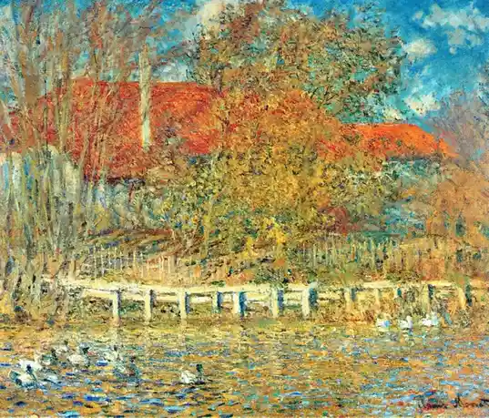 An impressionist painting of a pond with ducks swimming, trees with autumn foliage, and a red-roofed building in the…
