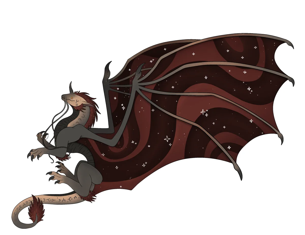 A stylized dragon with grey skin, red mane, and large dark red wings speckled with white stars is depicted against a black…
