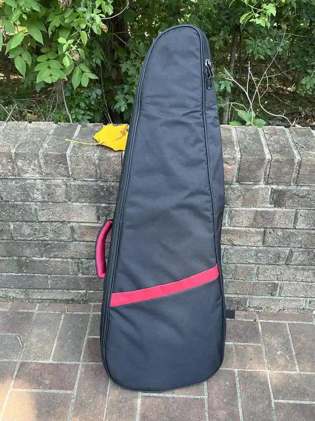 A black guitar case with red accents stands upright on a brick patio, leaning against a low brick wall with green foliage…