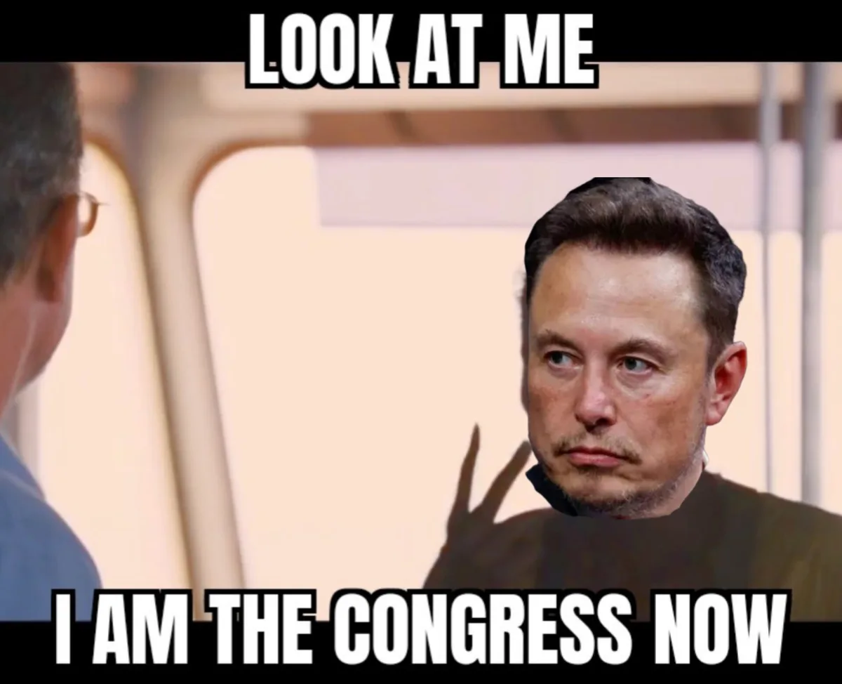 The image shows a close-up of Elon Musk looking sideways with a smug expression, superimposed over a scene where he appears…