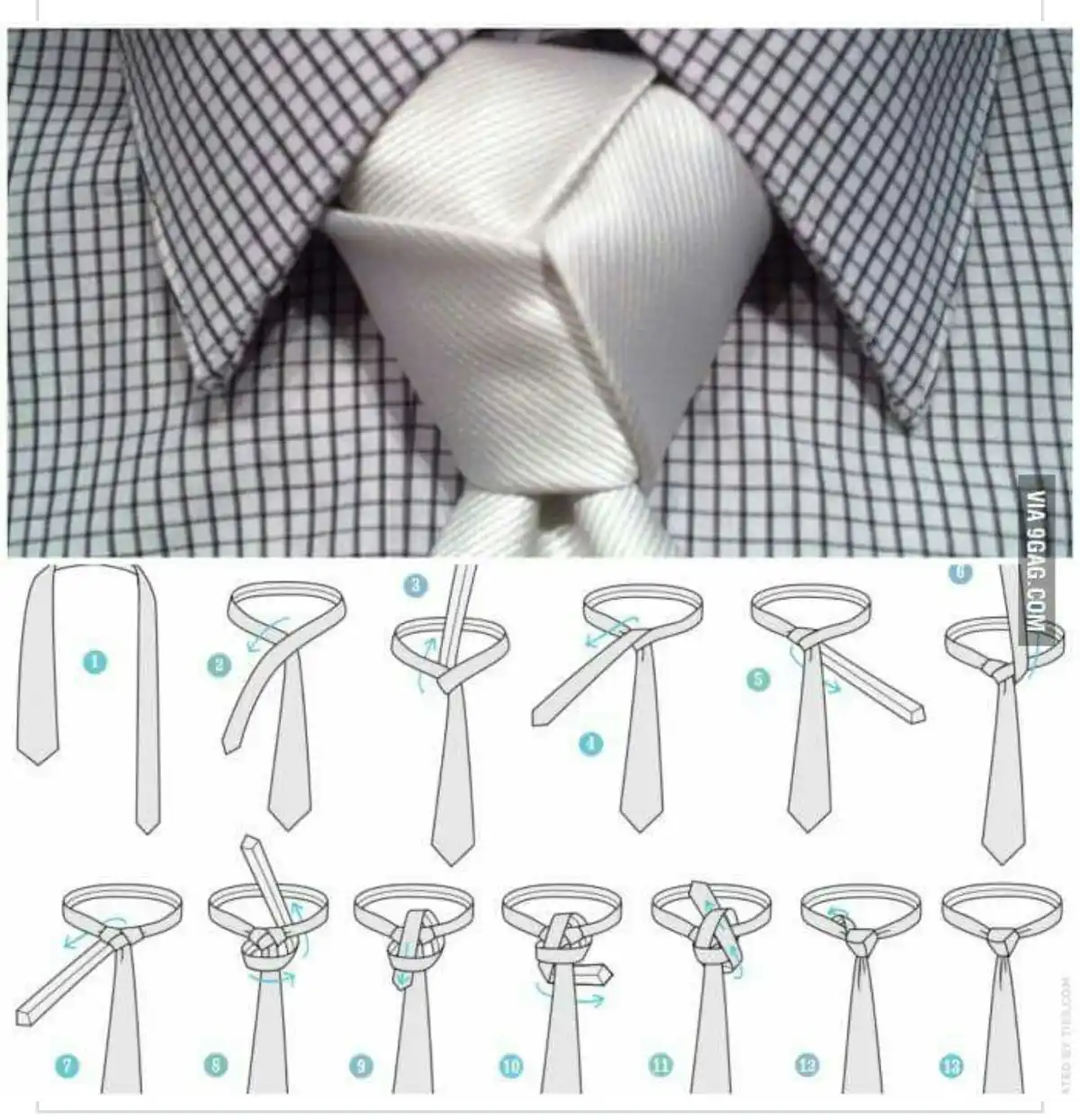 The image displays a completed white tie knot on a checkered shirt, above a numbered diagram illustrating 13 steps to tie a…