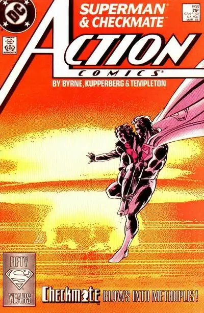 The cover of Action Comics #598 features Superman flying with Checkmate, a team of superpowered agents, against a fiery…