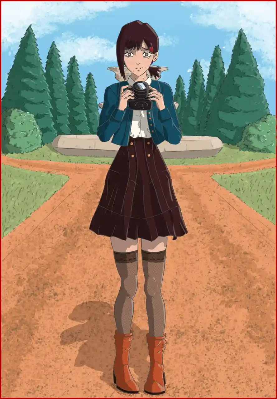An anime-style girl with dark hair and a red hairpin stands on a dirt path in a forest, holding a camera up to her face as…
