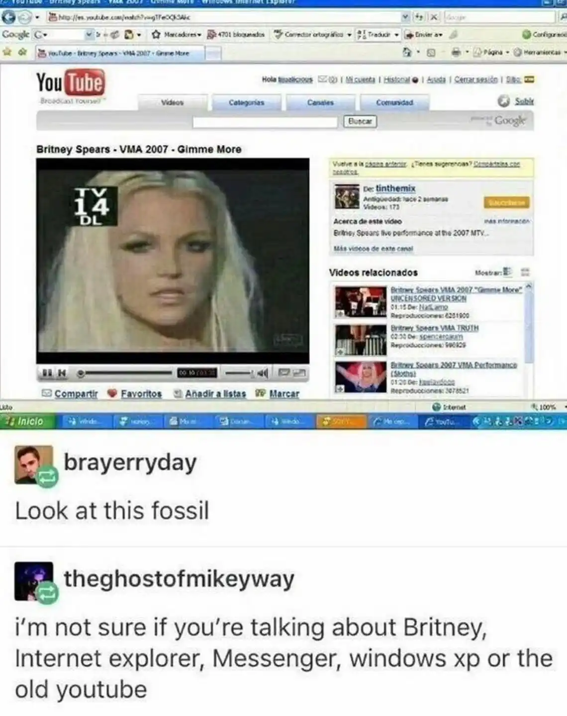 A screenshot of an old YouTube page from 2007 showing Britney Spears' VMA performance, with a 'TV 14 DL' rating. Below, a…