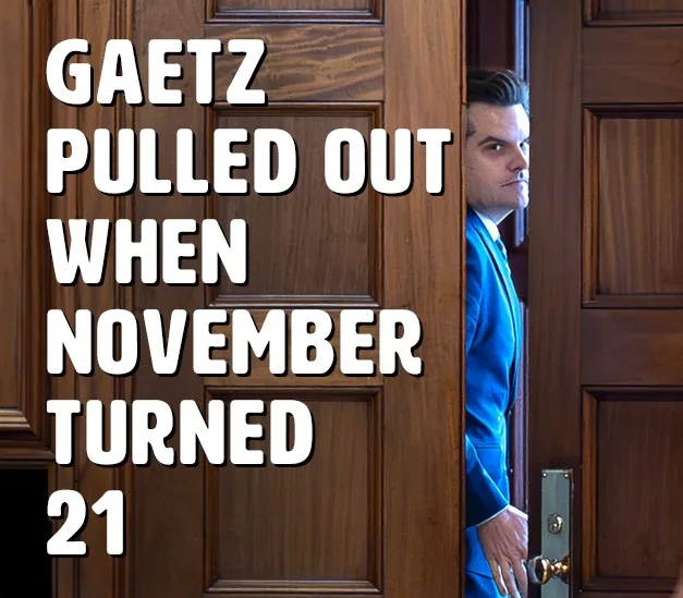 A man in a blue suit peeks from behind a wooden door, looking concerned. Large white text overlaid on the image reads 'GAETZ…
