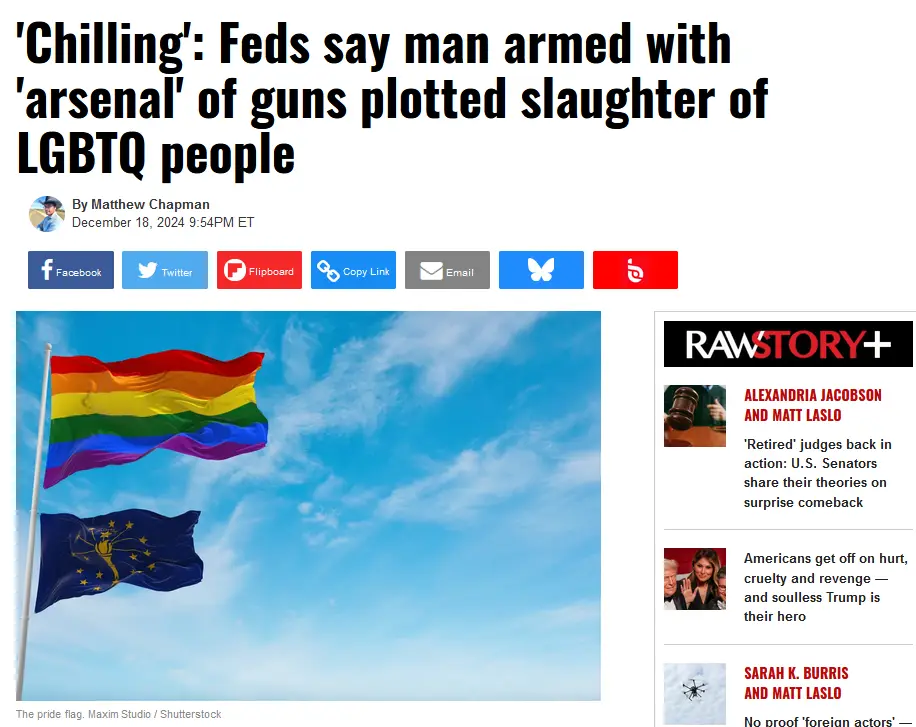 A screenshot of a news article from RawStory+ with a headline about a man plotting violence against LGBTQ people. The image…