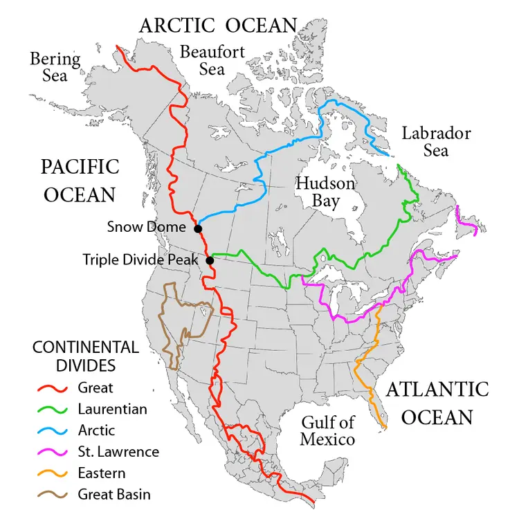 A map of North America showing the continental divides with labeled oceans and seas. The 'Triple Divide Peak' is marked with…