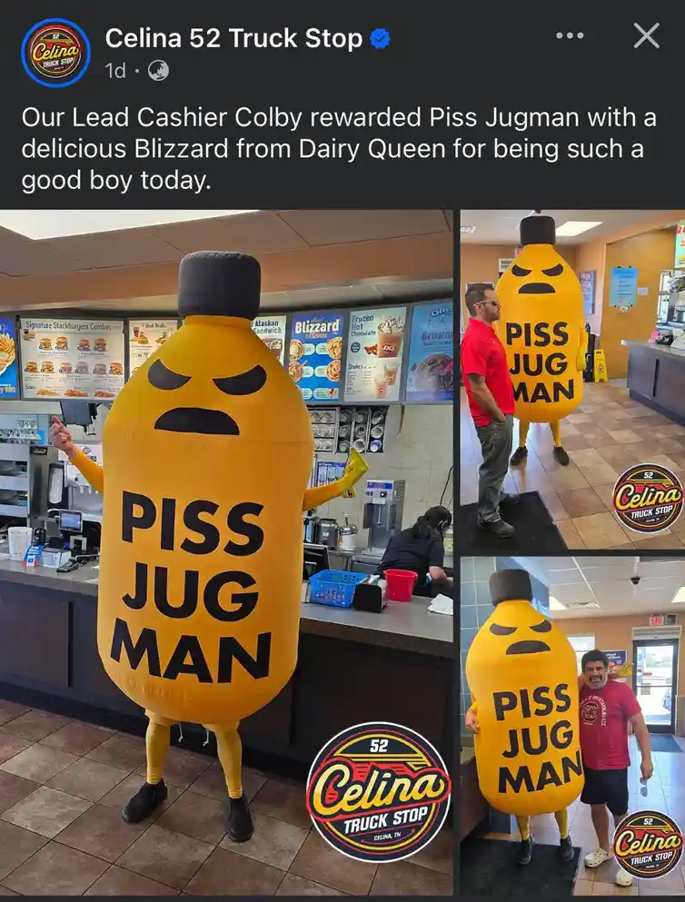 A collage of three photos from Celina 52 Truck Stop shows a person in a large, yellow, inflatable costume shaped like a jug…