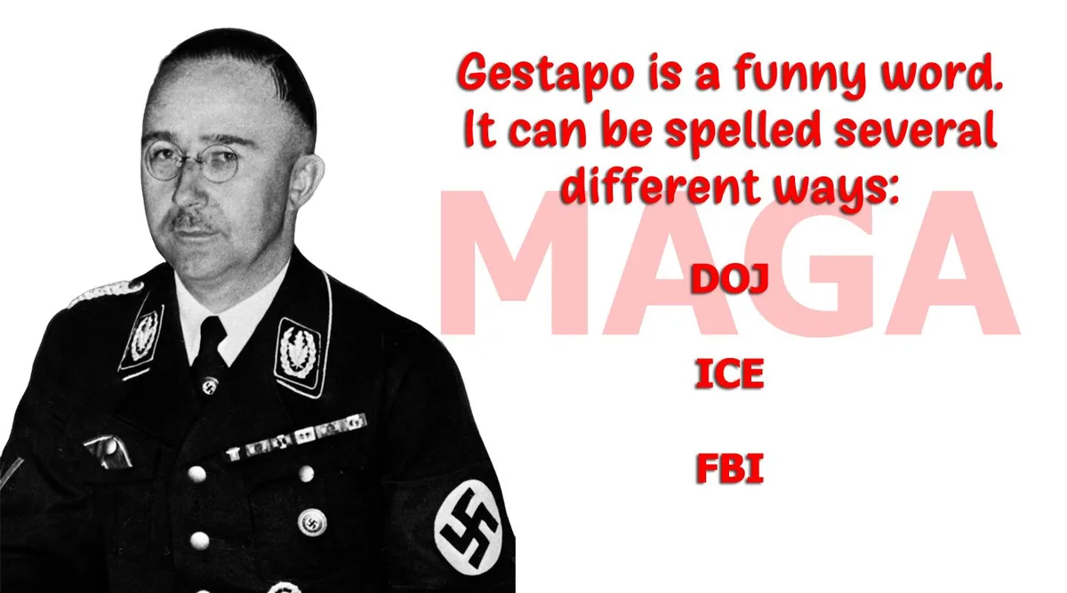 A black-and-white photo of a man in a Nazi uniform with a swastika armband, overlaid with red text that reads 'Gestapo is a…
