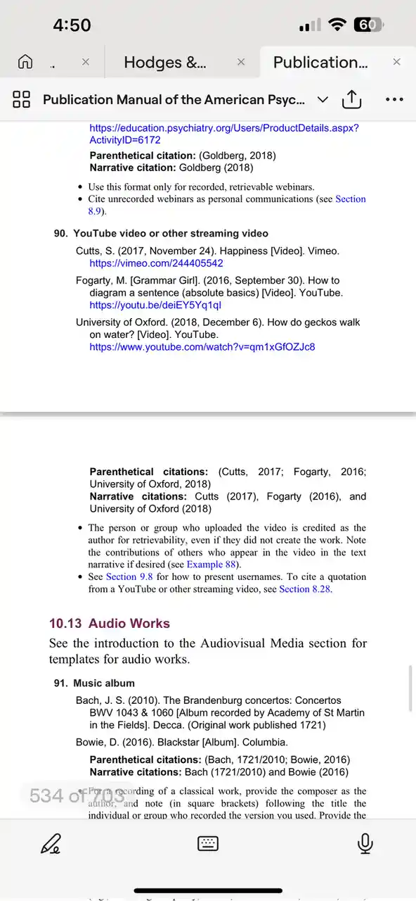 A screenshot of a mobile device displaying page 534 of the 'Publication Manual of the American Psychological Association,'…