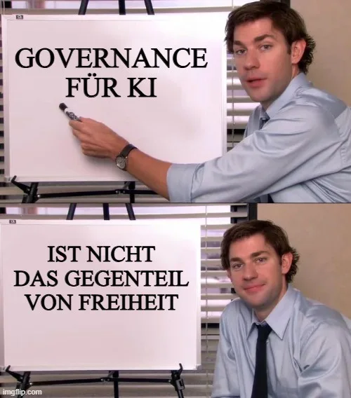 A two-panel image of a man in a light blue shirt writing on a whiteboard. In the top panel, he writes 'GOVERNANCE FÜR KI'…