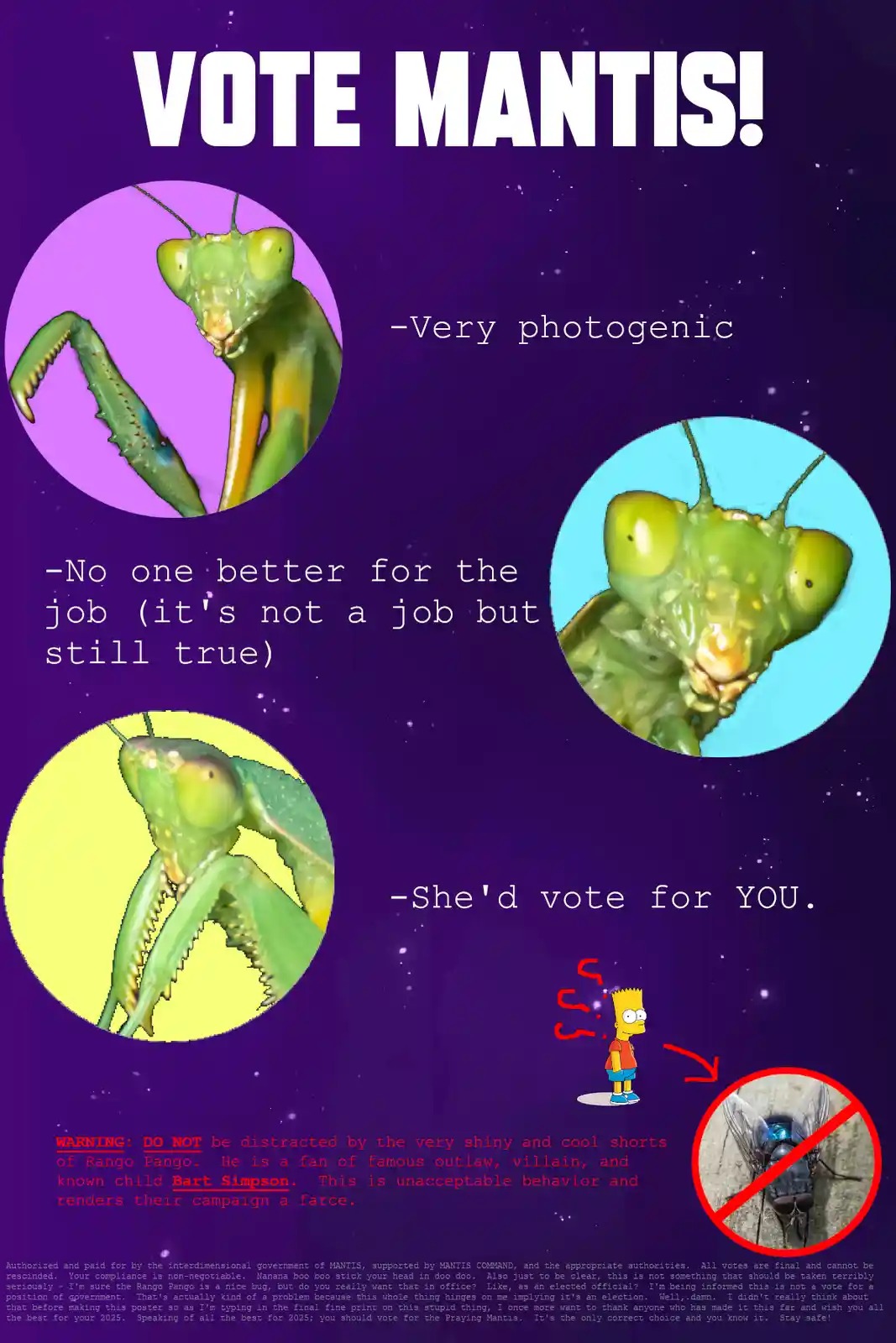 A purple space-themed poster features three circular photos of praying mantises with campaign slogans like 'Very photogenic'…
