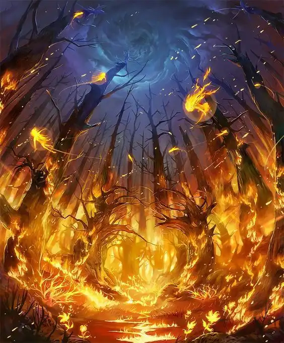 A dramatic fantasy illustration depicts a forest engulfed in flames, with twisted, burning trees and glowing embers against…